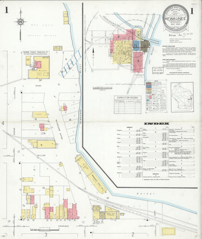Sanborn Fire Insurance Map from Kewaunee, Kewaunee County, Wisconsin (1933), Sheet #0001 - Historic Sanborn Fire Insurance Map Print, vintage old map wall art, antique decor, genealogy gift, Wisconsin Wisconsin map