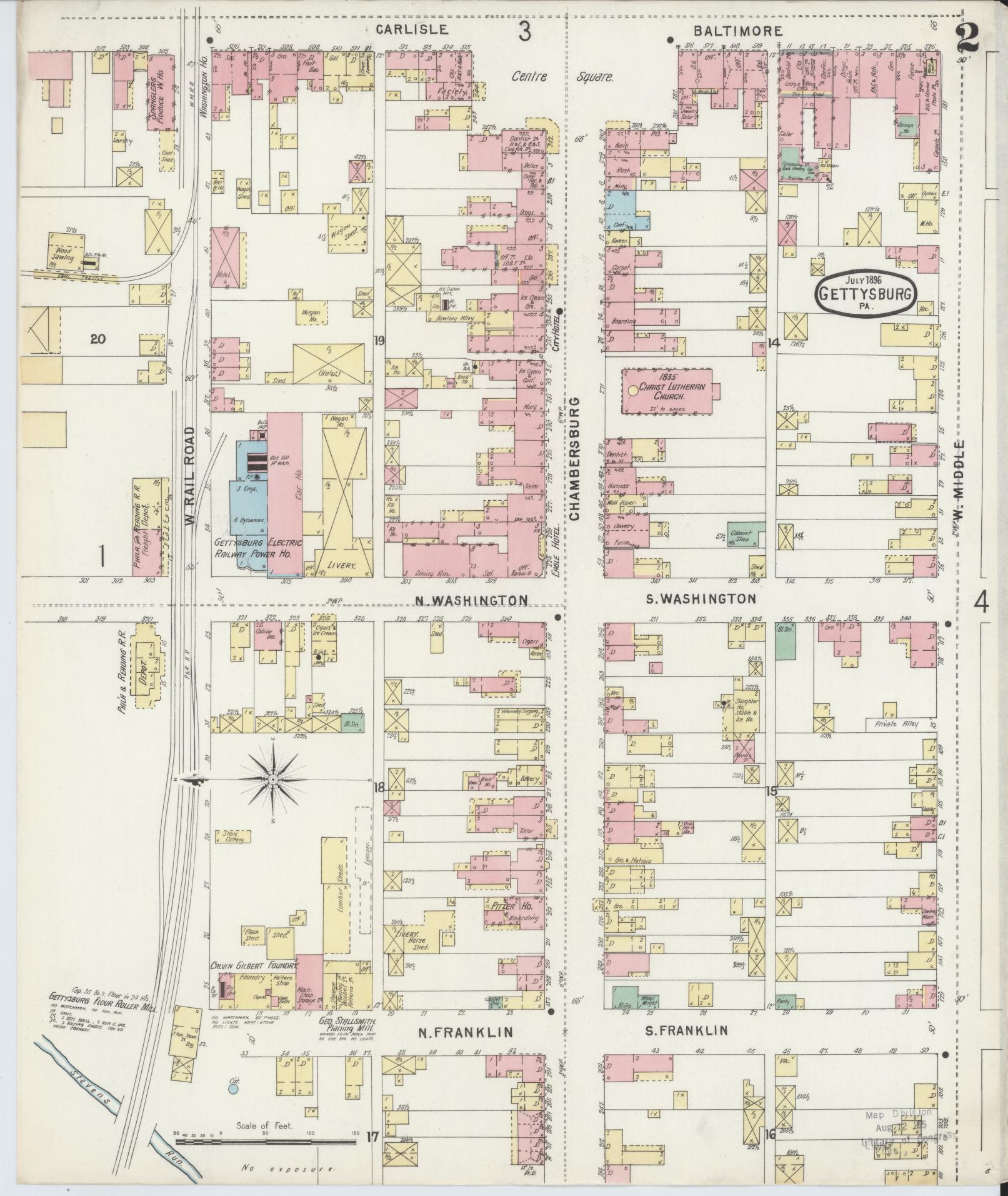 Sanborn Fire Insurance Map from Gettysburg, Adams County, Pennsylvania (1896), Sheet #0002 - Historic Sanborn Fire Insurance Map Print, vintage old map wall art, antique decor, genealogy gift, Pennsylvania Pennsylvania map