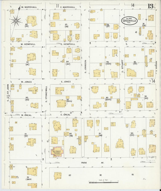 Sanborn Fire Insurance Map from Greenville, Hunt County, Texas (1909), Sheet #0013 - Historic Sanborn Fire Insurance Map Print, vintage old map wall art, antique decor, genealogy gift, Texas Texas map