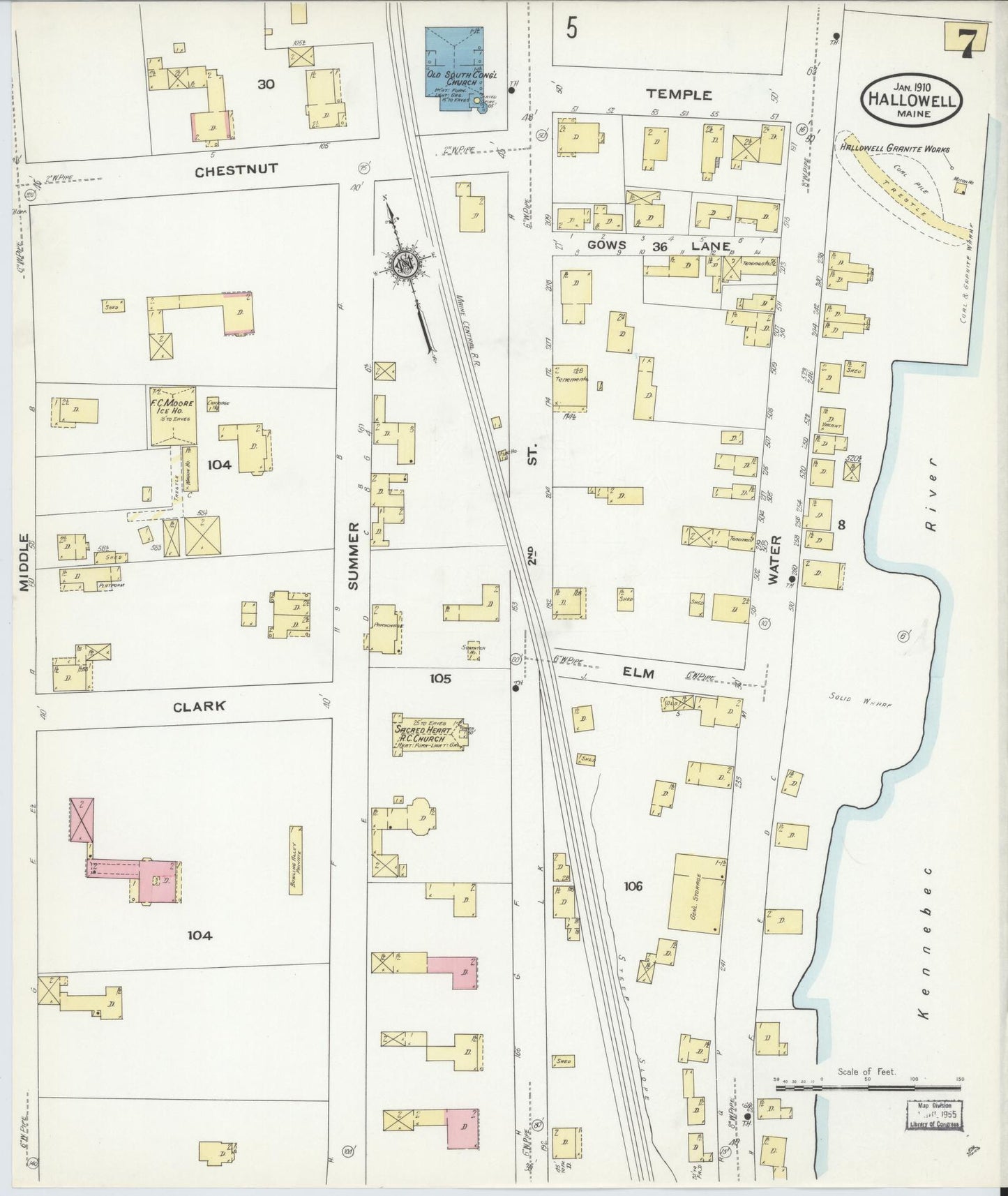Sanborn Fire Insurance Map from Hallowell, Kennebec County, Maine (1910), Sheet #0007 - Complete Map Set gallery image, historic Sanborn map, vintage wall art, Maine Maine