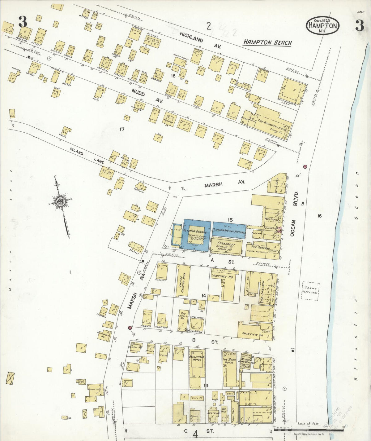 Sanborn Fire Insurance Map from Hampton, Rockingham County, New Hampshire (1923), Sheet #0003 - Historic Sanborn Fire Insurance Map Print, vintage old map wall art, antique decor, genealogy gift, New Hampshire New Hampshire map