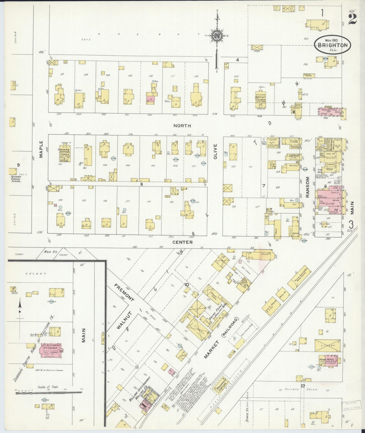 Sanborn Fire Insurance Map from Brighton, Macoupin County, Illinois (1910), Sheet #0002 - Complete Map Set gallery image, historic Sanborn map, vintage wall art, Illinois Illinois