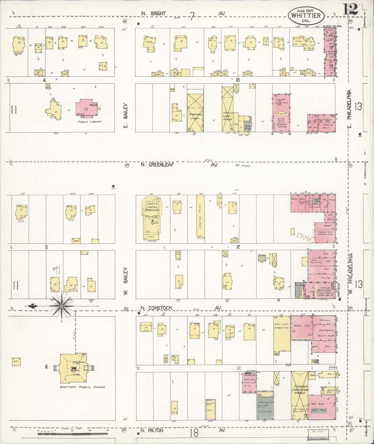 Sanborn Fire Insurance Map from Whittier, Los Angeles County, California (1907), Sheet #0012 - Complete Map Set gallery image, historic Sanborn map, vintage wall art, California California