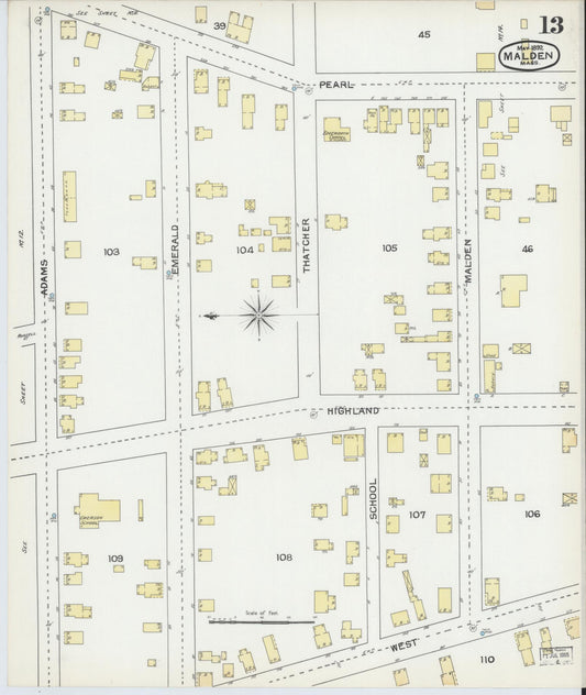 Sanborn Fire Insurance Map from Malden, Middlesex County, Massachusetts (1892), Sheet #0013 - Historic Sanborn Fire Insurance Map Print, vintage old map wall art, antique decor, genealogy gift, Massachusetts Massachusetts map