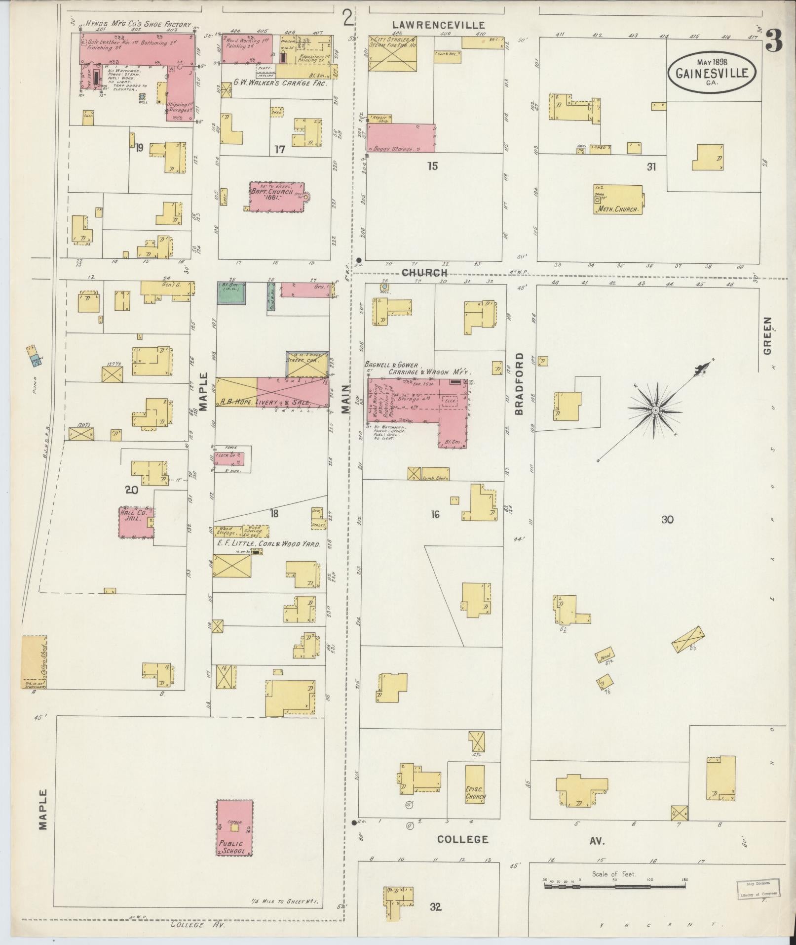 Sanborn Fire Insurance Map from Gainesville, Hall County, Georgia (1898), Sheet #0003 - Historic Sanborn Fire Insurance Map Print, vintage old map wall art, antique decor, genealogy gift, Georgia Georgia map