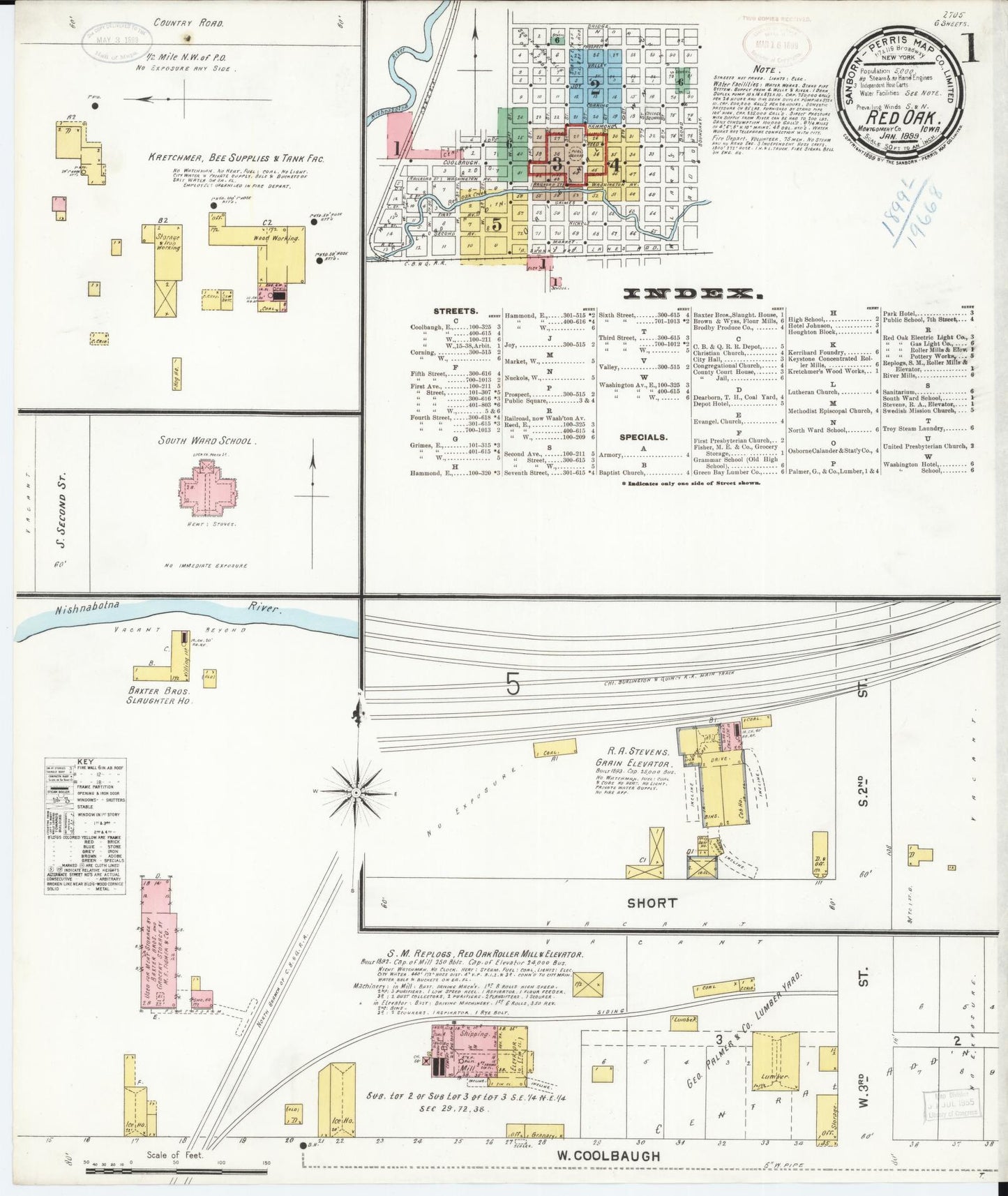 Sanborn Fire Insurance Map from Red Oak, Montgomery County, Iowa (1899), Sheet #0001 - Historic Sanborn Fire Insurance Map Print, vintage old map wall art