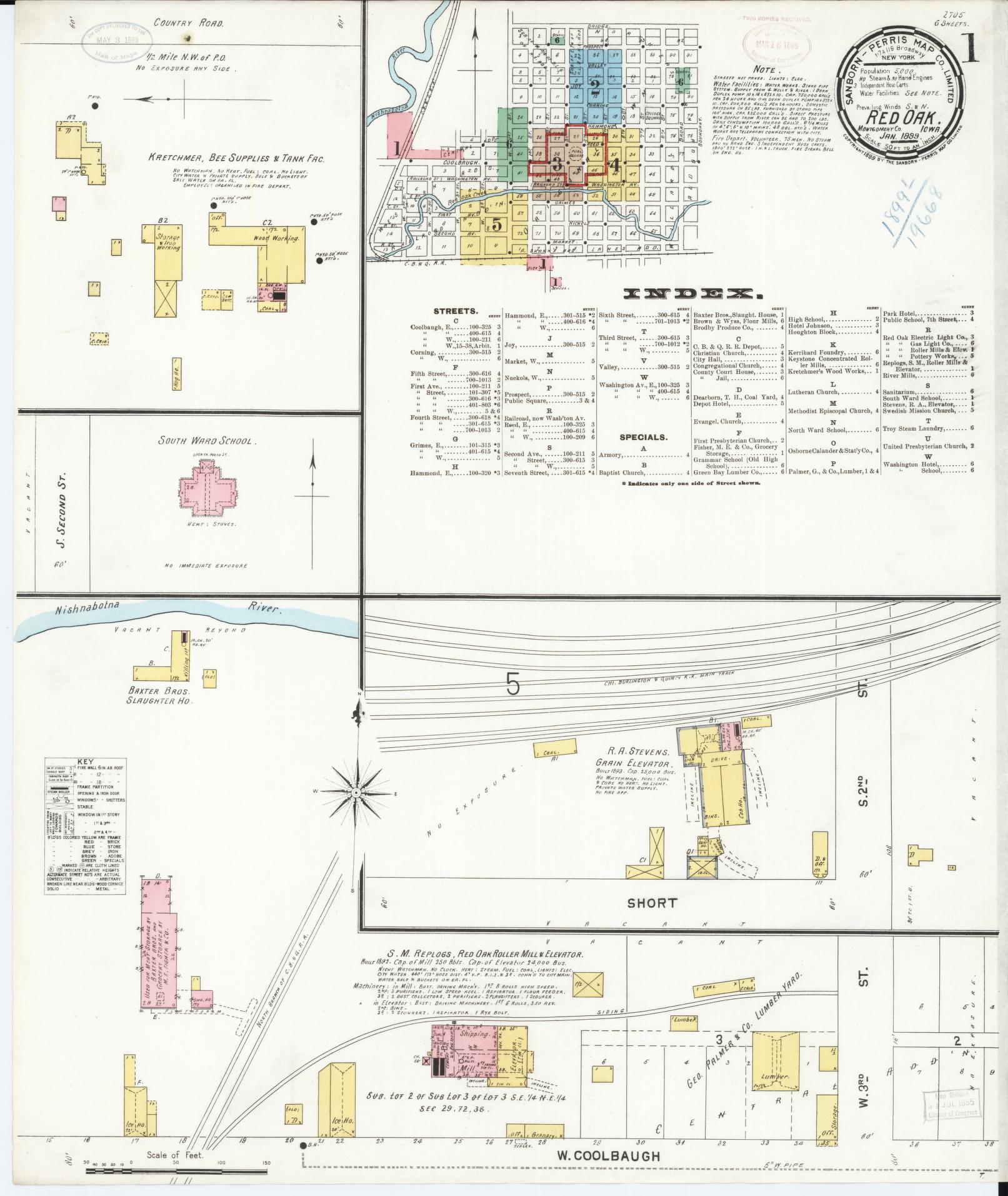 Sanborn Fire Insurance Map from Red Oak, Montgomery County, Iowa (1899), Sheet #0001 - Historic Sanborn Fire Insurance Map Print, vintage old map wall art