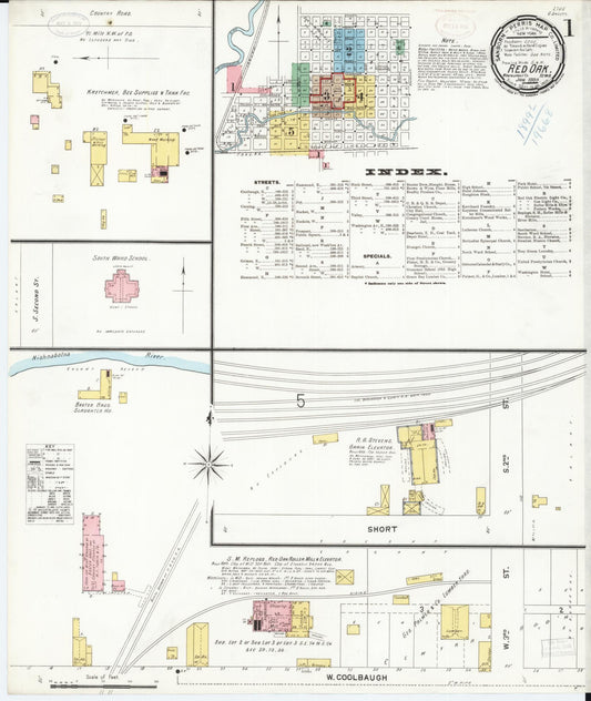 Sanborn Fire Insurance Map from Red Oak, Montgomery County, Iowa (1899), Sheet #0001 - Historic Sanborn Fire Insurance Map Print, vintage old map wall art