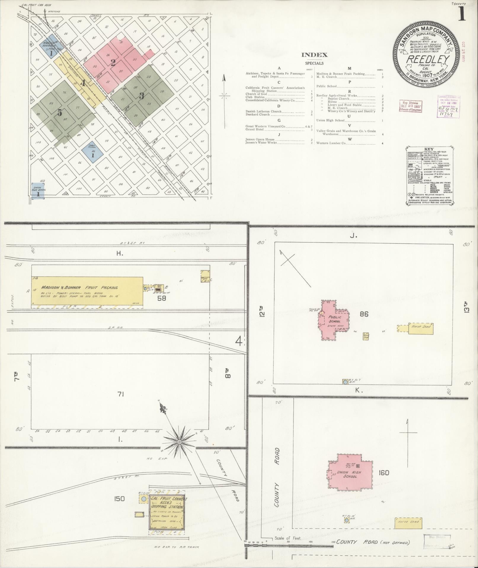 Sanborn Fire Insurance Map from Reedley, Fresno County, California (1907), Sheet #0001 - Complete Map Set gallery image, historic Sanborn map, vintage wall art, California California