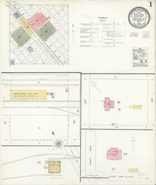 Sanborn Fire Insurance Map from Reedley, Fresno County, California (1907), Sheet #0001 - Complete Map Set gallery image, historic Sanborn map, vintage wall art, California California