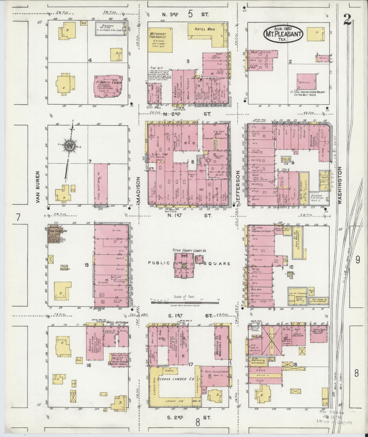 Sanborn Fire Insurance Map from Mount Pleasant, Titus County, Texas (1920), Sheet #0002 - Historic Sanborn Fire Insurance Map Print, vintage old map wall art, antique decor, genealogy gift, Texas Texas map
