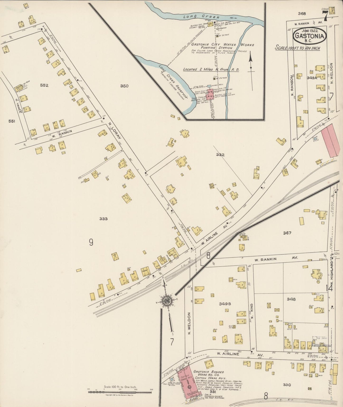 Sanborn Fire Insurance Map from Gastonia, Gaston County, North Carolina (1922), Sheet #0007 - Complete Map Set gallery image, historic Sanborn map, vintage wall art, North Carolina North Carolina
