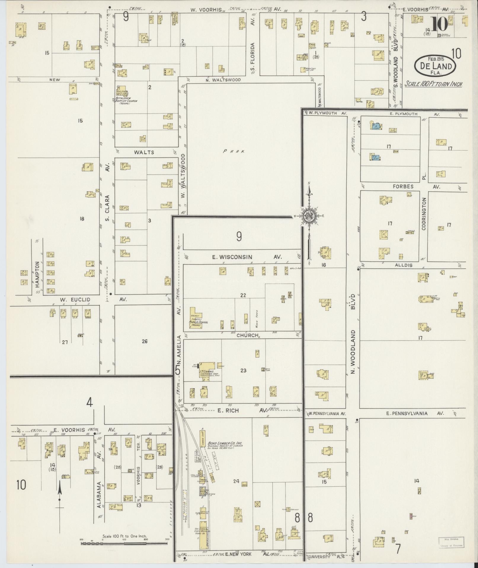 Sanborn Fire Insurance Map from De Land, Volusia County, Florida (1915), Sheet #0010 - Complete Map Set gallery image, historic Sanborn map, vintage wall art, Florida Florida