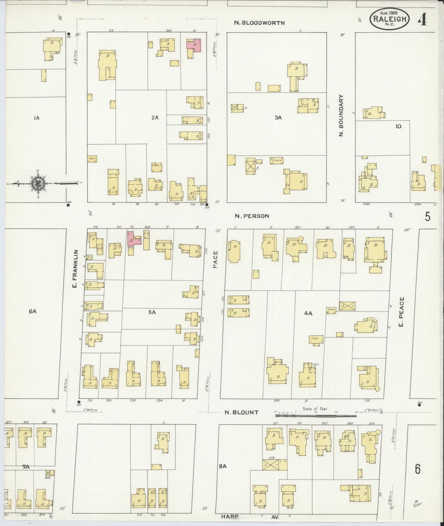 Sanborn Fire Insurance Map from Raleigh, Wake County, North Carolina (1909), Sheet #0004 - Complete Map Set gallery image, historic Sanborn map, vintage wall art, North Carolina North Carolina