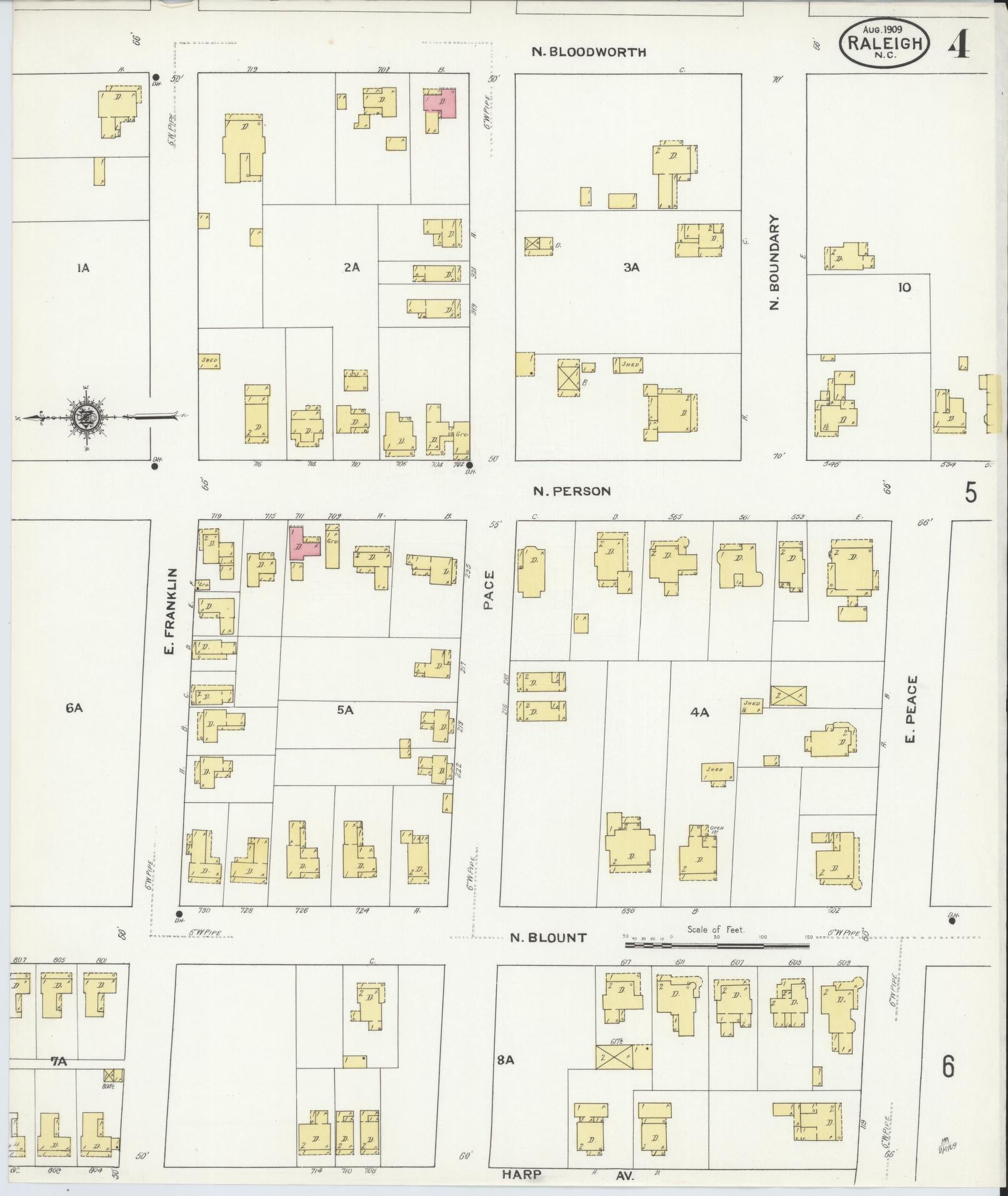 Sanborn Fire Insurance Map from Raleigh, Wake County, North Carolina (1909), Sheet #0004 - Complete Map Set gallery image, historic Sanborn map, vintage wall art, North Carolina North Carolina