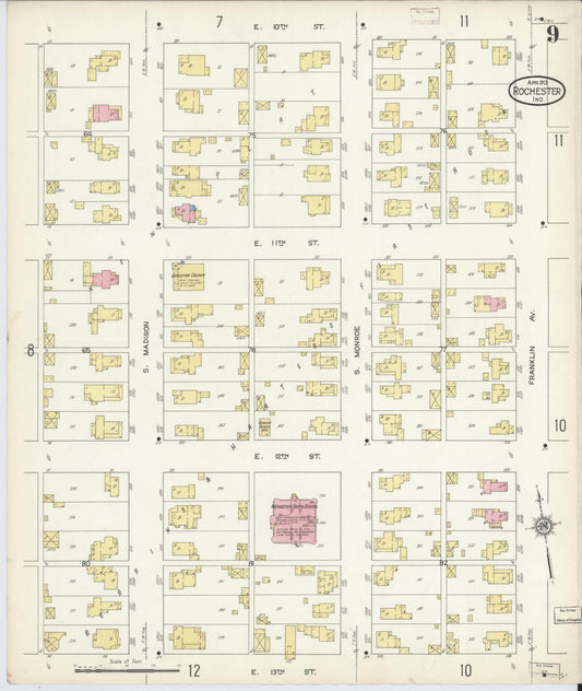 Sanborn Fire Insurance Map from Rochester, Fulton County, Indiana (1913), Sheet #0009 - Historic Sanborn Fire Insurance Map Print, vintage old map wall art, antique decor, genealogy gift, Indiana Indiana map