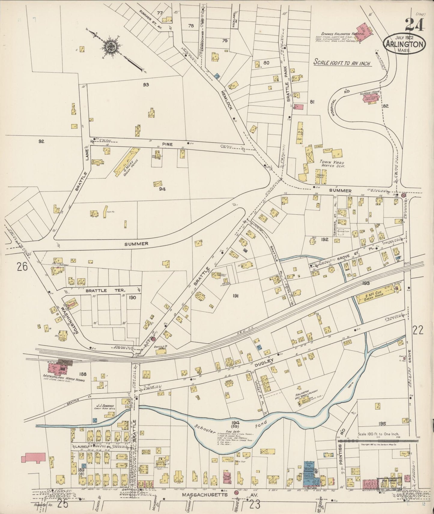 Sanborn Fire Insurance Map from Arlington, Middlesex County, Massachusetts (1922), Sheet #0024 - Complete Map Set gallery image, historic Sanborn map, vintage wall art, Massachusetts Massachusetts