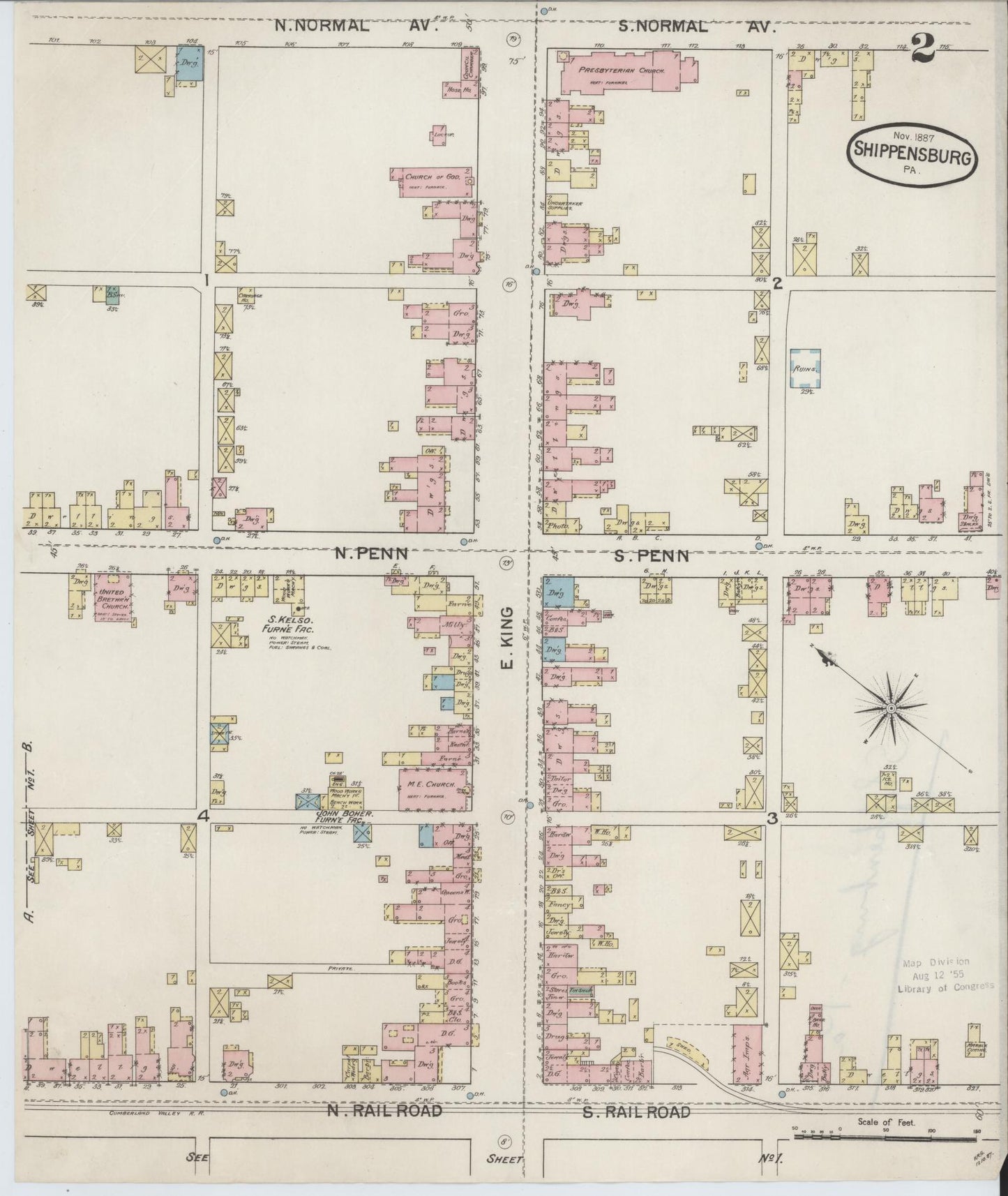 Sanborn Fire Insurance Map from Shippensburg, Cumberland And Franklin Counties, Pennsylvania (1887), Sheet #0002 - Historic Sanborn Fire Insurance Map Print, vintage old map wall art, antique decor, genealogy gift, Counties Pennsylvania map