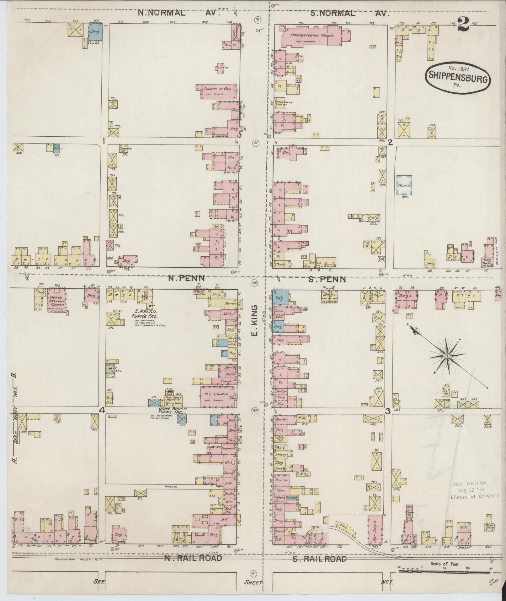 Sanborn Fire Insurance Map from Shippensburg, Cumberland And Franklin Counties, Pennsylvania (1887), Sheet #0002 - Historic Sanborn Fire Insurance Map Print, vintage old map wall art, antique decor, genealogy gift, Counties Pennsylvania map