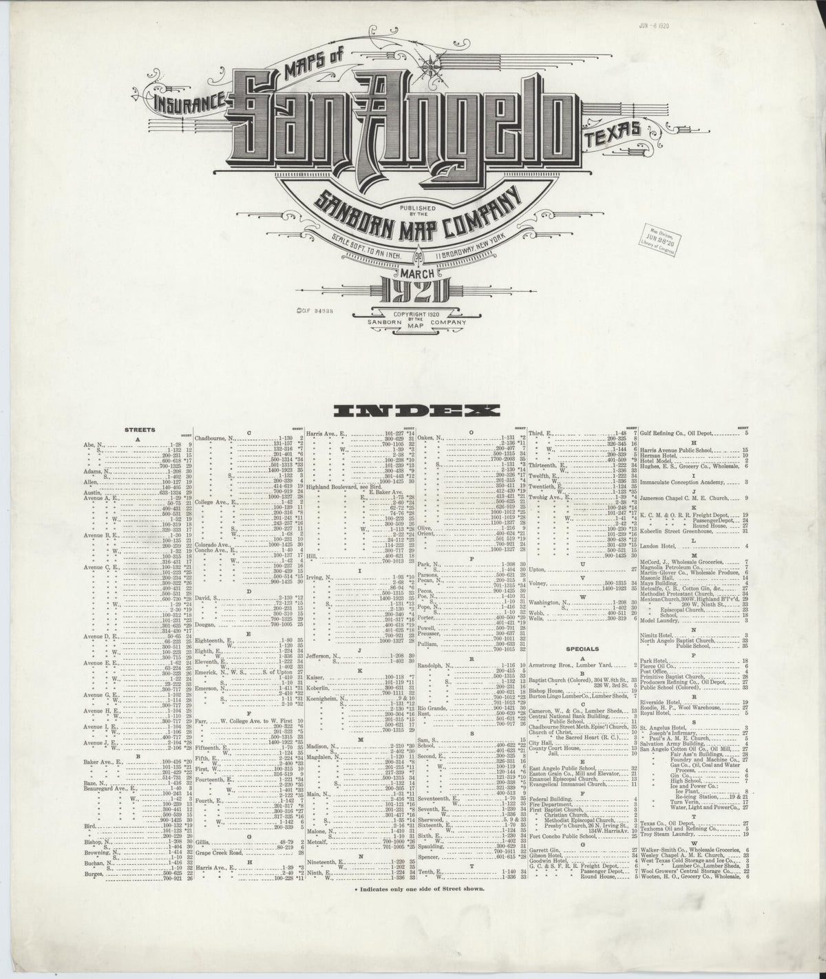 Sanborn Fire Insurance Map from San Angelo, Tom Green County, Texas (1920), Sheet #0001 - Historic Sanborn Fire Insurance Map Print, vintage old map wall art, antique decor, genealogy gift, Texas Texas map