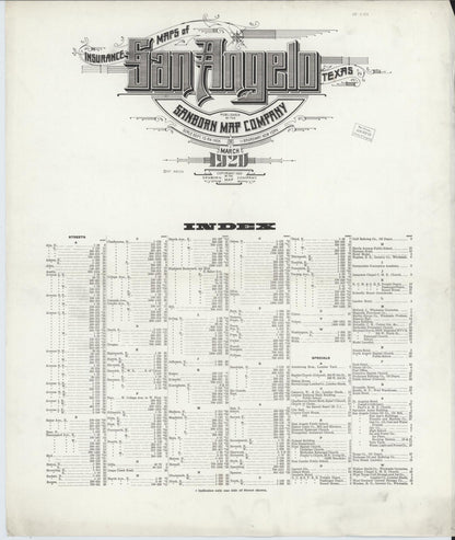 Sanborn Fire Insurance Map from San Angelo, Tom Green County, Texas (1920), Sheet #0001 - Historic Sanborn Fire Insurance Map Print, vintage old map wall art, antique decor, genealogy gift, Texas Texas map