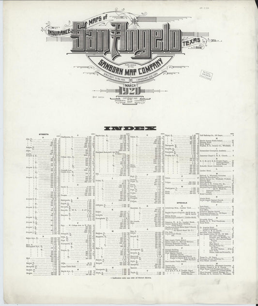 Sanborn Fire Insurance Map from San Angelo, Tom Green County, Texas (1920), Sheet #0001 - Historic Sanborn Fire Insurance Map Print, vintage old map wall art, antique decor, genealogy gift, Texas Texas map