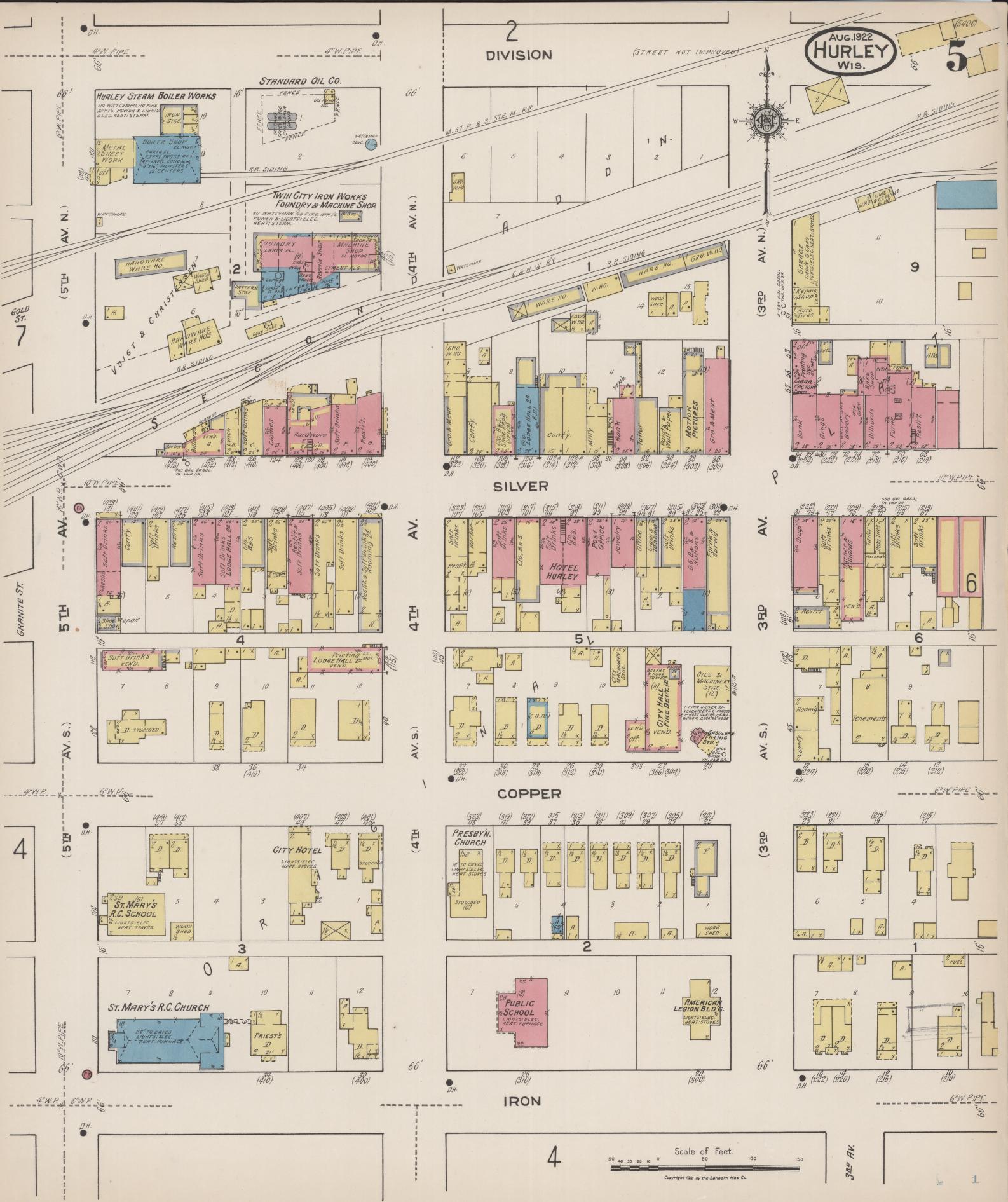 Sanborn Fire Insurance Map from Hurley, Iron County, Wisconsin (1922), Sheet #0005 - Historic Sanborn Fire Insurance Map Print, vintage old map wall art, antique decor, genealogy gift, Wisconsin Wisconsin map