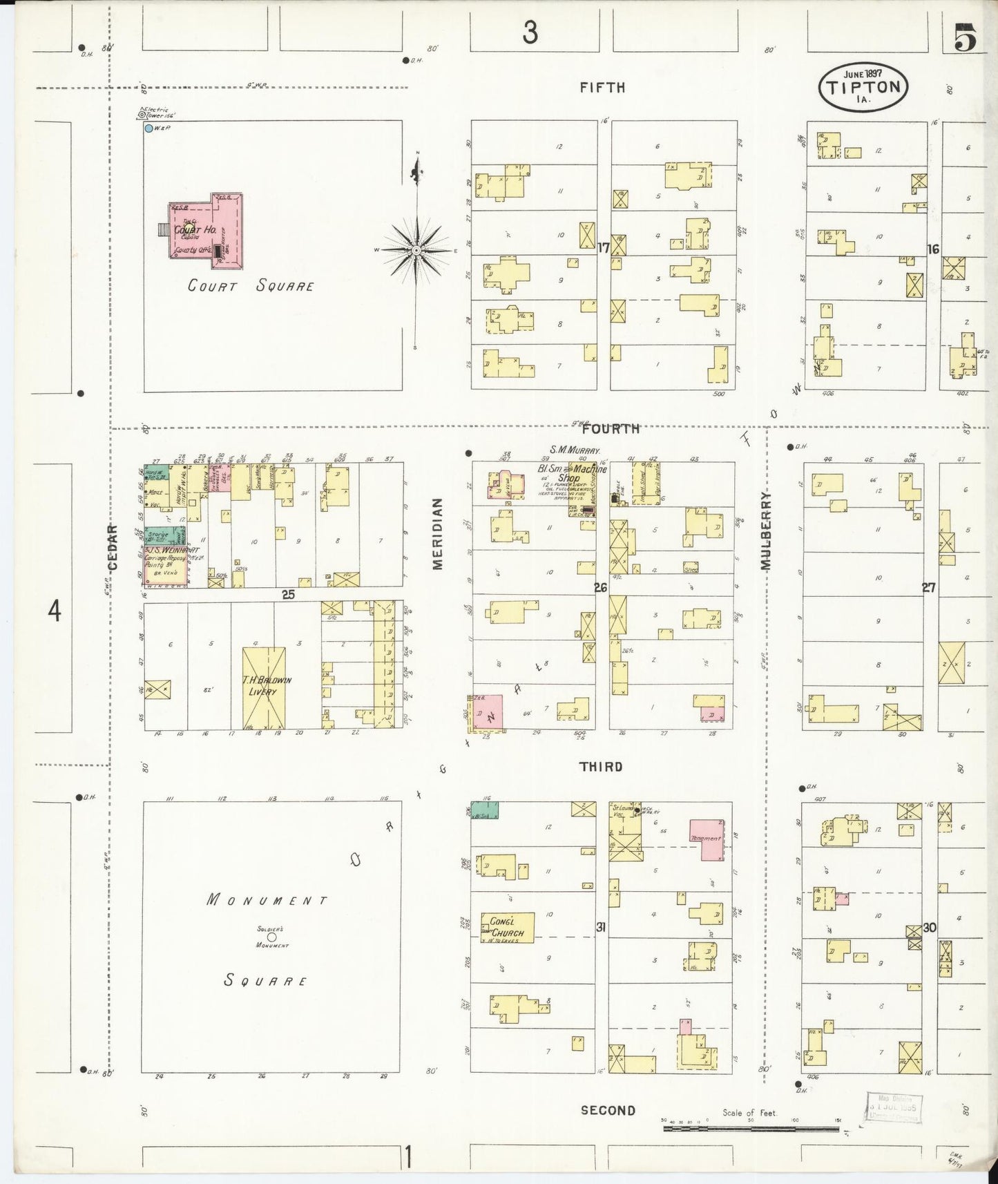 Sanborn Fire Insurance Map from Tipton, Cedar County, Iowa (1897), Sheet #0005 - Historic Sanborn Fire Insurance Map Print, vintage old map wall art