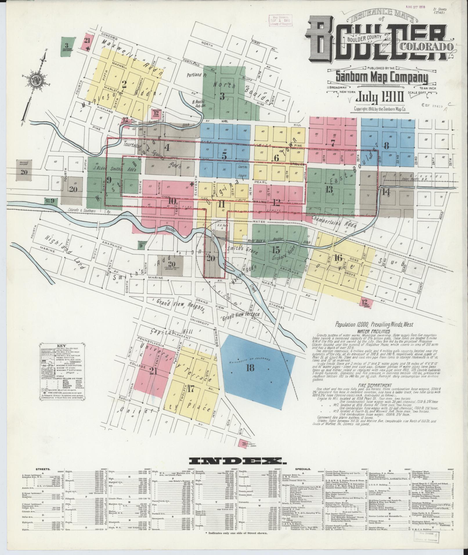 Sanborn Fire Insurance Map from Boulder, Boulder County, Colorado (1910), Sheet #0001 - Historic Sanborn Fire Insurance Map Print, vintage old map wall art, antique decor, genealogy gift, Colorado Colorado map