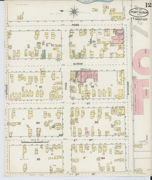 Sanborn Fire Insurance Map from Port Huron, Saint Clair County, Michigan (1887), Sheet #0012 - Historic Sanborn Fire Insurance Map Print, vintage old map wall art, antique decor, genealogy gift, Michigan Michigan map