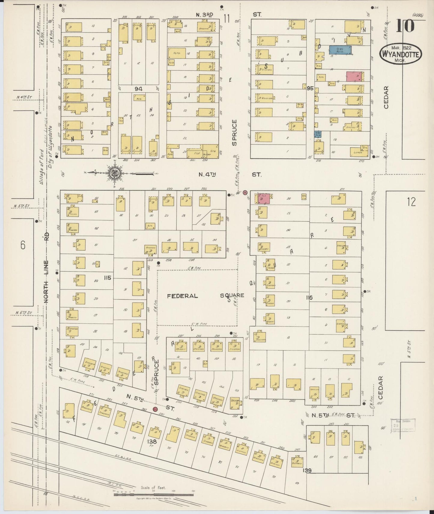 Sanborn Fire Insurance Map from Wyandotte, Wayne County, Michigan (1922), Sheet #0010 - Historic Sanborn Fire Insurance Map Print, vintage old map wall art, antique decor, genealogy gift, Michigan Michigan map