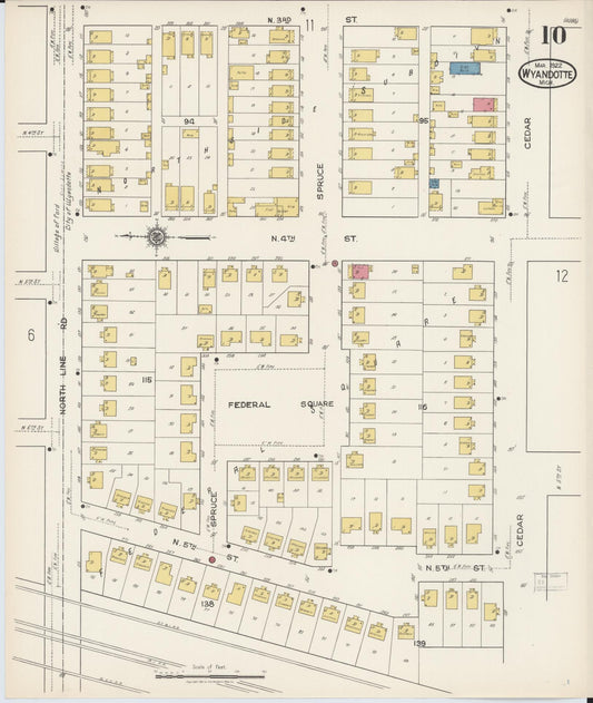 Sanborn Fire Insurance Map from Wyandotte, Wayne County, Michigan (1922), Sheet #0010 - Historic Sanborn Fire Insurance Map Print, vintage old map wall art, antique decor, genealogy gift, Michigan Michigan map