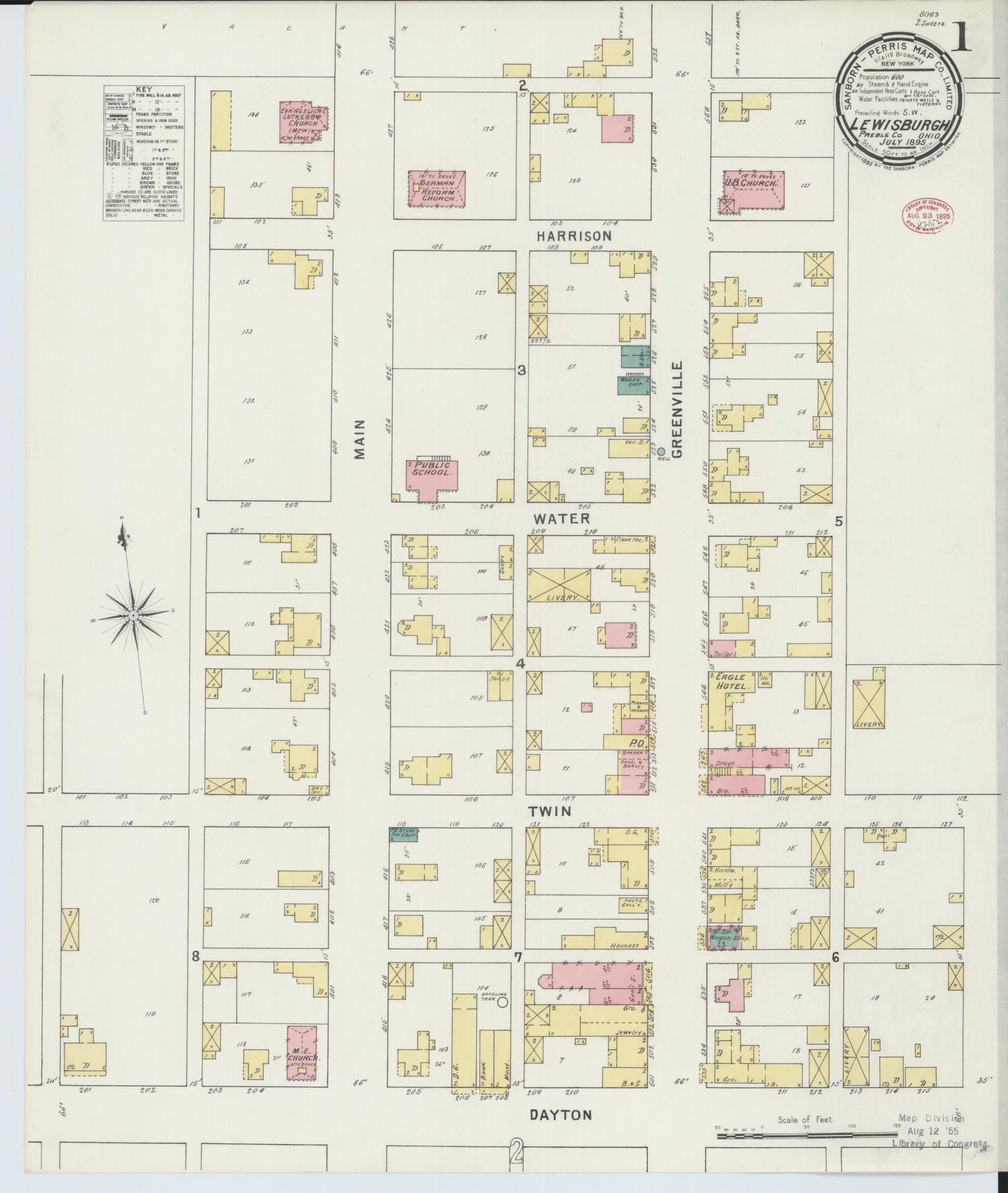 Sanborn Fire Insurance Map from Lewisburg, Preble County, Ohio (1895), Sheet #0001 - Complete Map Set gallery image, historic Sanborn map, vintage wall art, Ohio Ohio