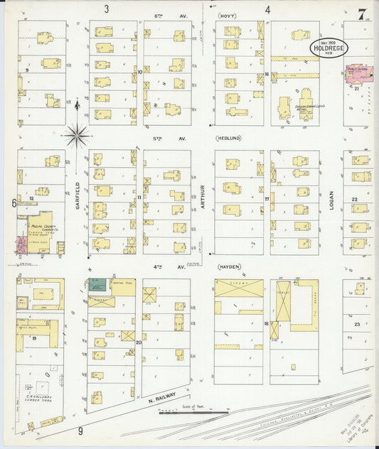 Sanborn Fire Insurance Map from Holdrege, Phelps County, Nebraska (1909), Sheet #0007 - Historic Sanborn Fire Insurance Map Print, vintage old map wall art, antique decor, genealogy gift, Nebraska Nebraska map