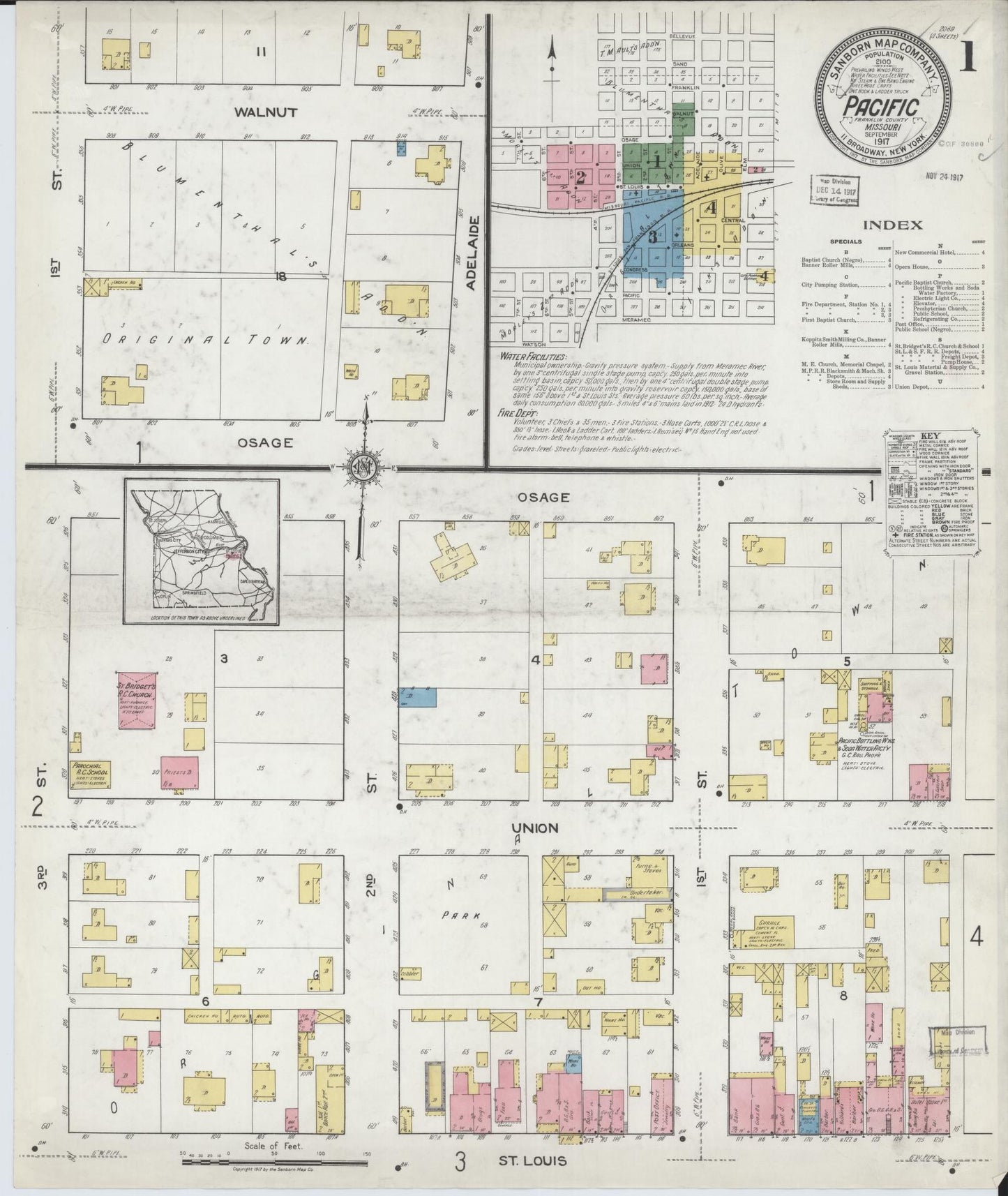 Sanborn Fire Insurance Map from Pacific, Franklin County, Missouri (1917), Sheet #0001 - Complete Map Set gallery image, historic Sanborn map, vintage wall art, Missouri Missouri
