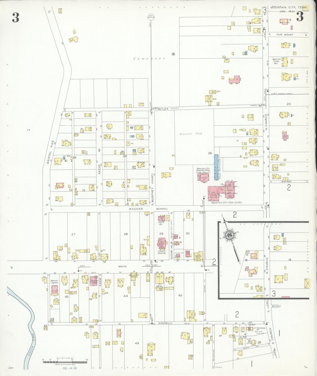 Sanborn Fire Insurance Map from Mountain City, Johnson County, Tennessee (1941), Sheet #0003 - Complete Map Set gallery image, historic Sanborn map, vintage wall art, Tennessee Tennessee