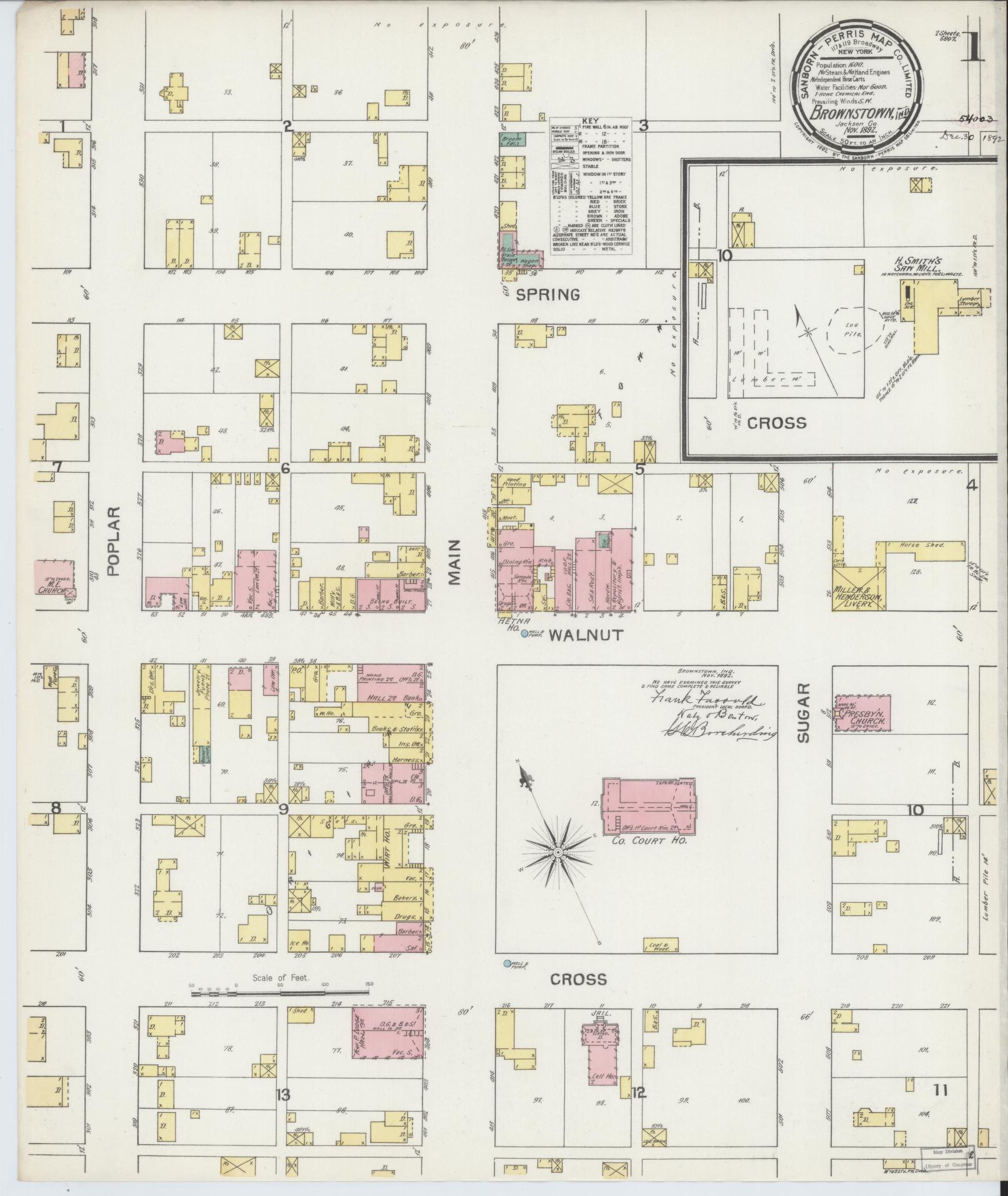 Sanborn Fire Insurance Map from Brownstown, Jackson County, Indiana (1892), Sheet #0001 - Complete Map Set gallery image, historic Sanborn map, vintage wall art, Indiana Indiana