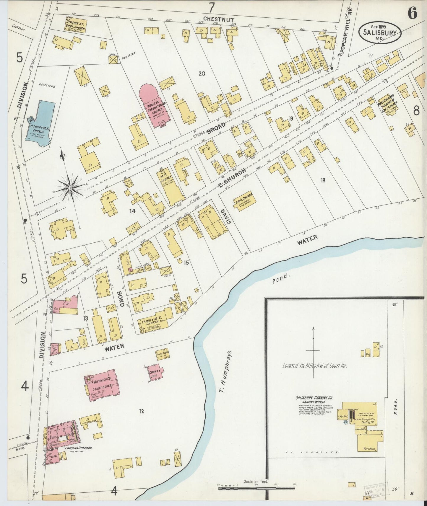 Sanborn Fire Insurance Map from Salisbury, Wicomico County, Maryland (1899), Sheet #0006 - Historic Sanborn Fire Insurance Map Print, vintage old map wall art