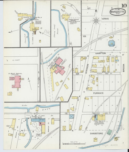 Sanborn Fire Insurance Map from Marquette, Marquette County, Michigan (1892), Sheet #0010 - Historic Sanborn Fire Insurance Map Print, vintage old map wall art, antique decor, genealogy gift, Michigan Michigan map