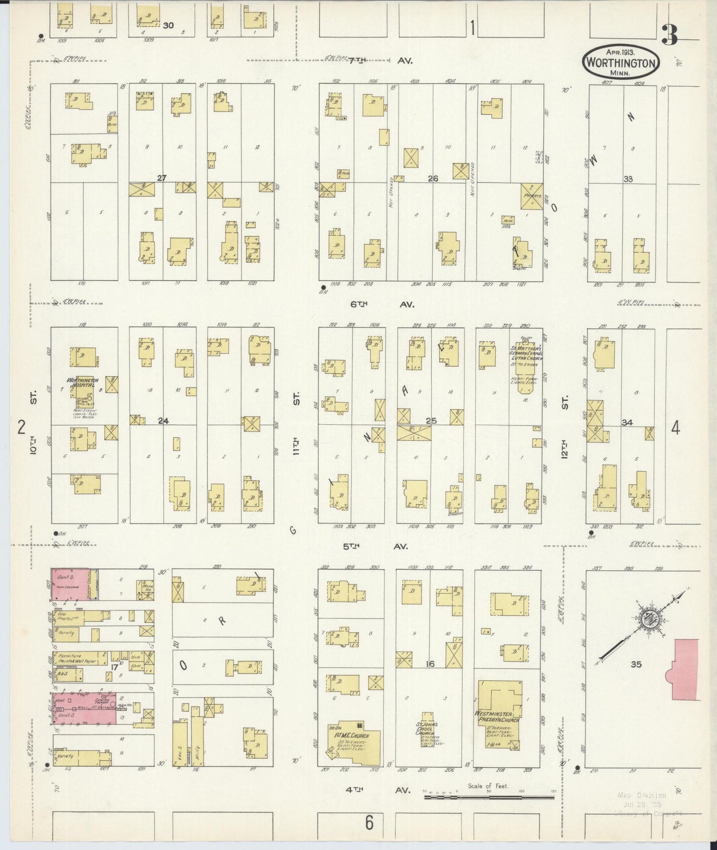 Sanborn Fire Insurance Map from Worthington, Nobles County, Minnesota (1913), Sheet #0003 - Complete Map Set gallery image, historic Sanborn map, vintage wall art, Minnesota Minnesota