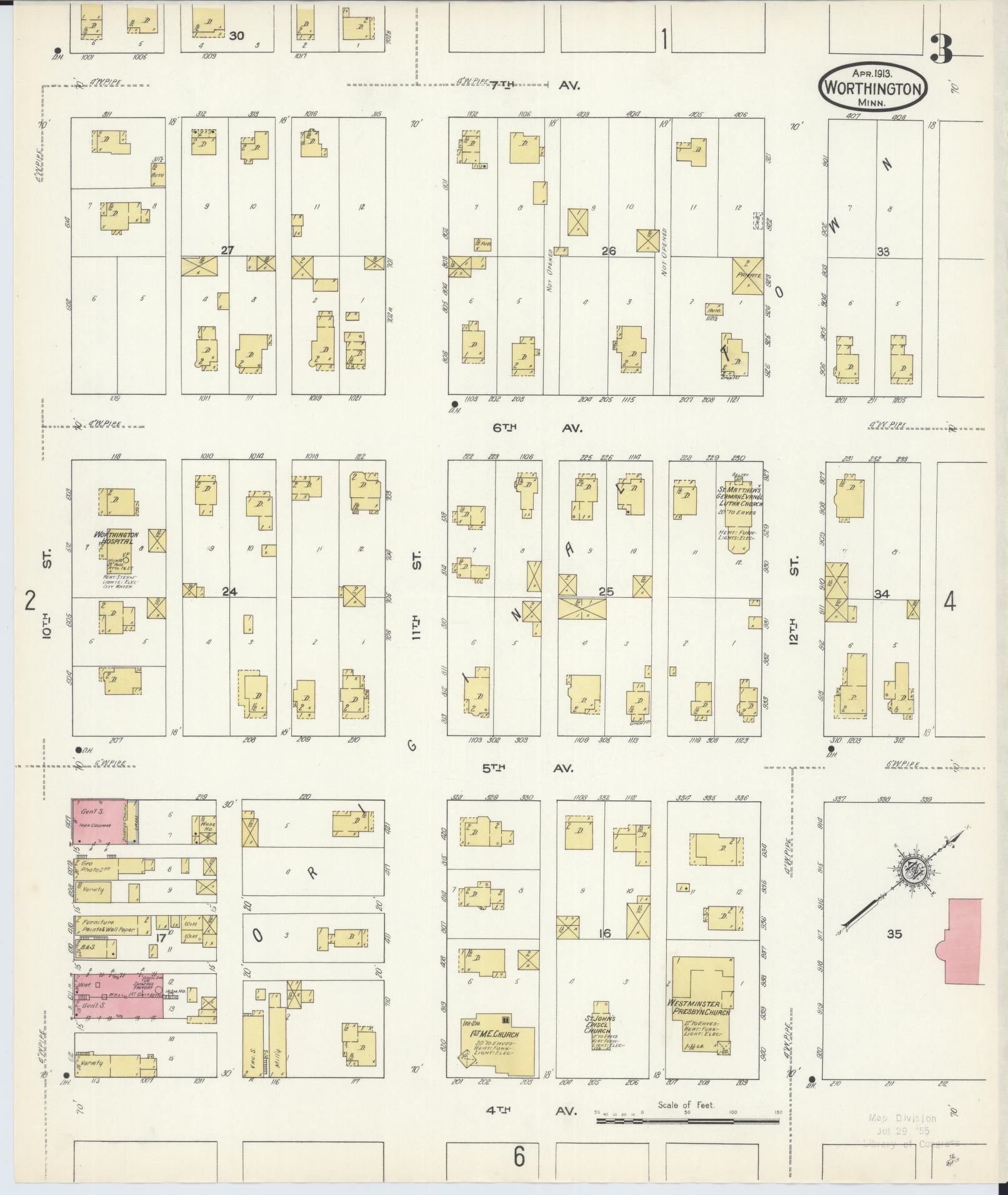 Sanborn Fire Insurance Map from Worthington, Nobles County, Minnesota (1913), Sheet #0003 - Complete Map Set gallery image, historic Sanborn map, vintage wall art, Minnesota Minnesota