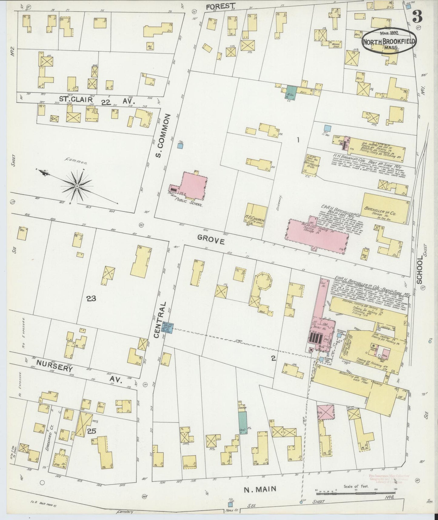 Sanborn Fire Insurance Map from North Brookfield, Worcester County, Massachusetts (1892), Sheet #0003 - Complete Map Set gallery image, historic Sanborn map, vintage wall art, Massachusetts Massachusetts