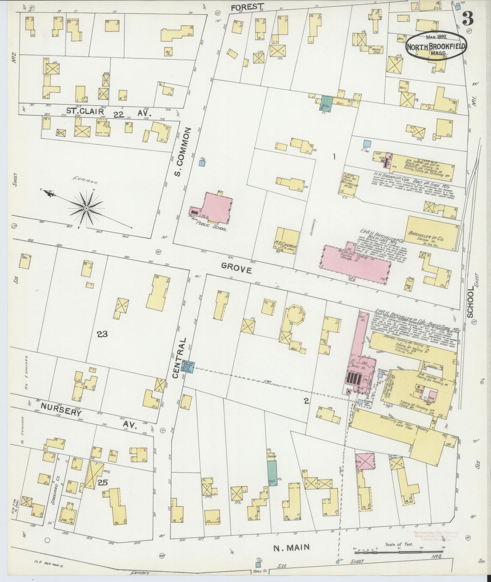 Sanborn Fire Insurance Map from North Brookfield, Worcester County, Massachusetts (1892), Sheet #0003 - Complete Map Set gallery image, historic Sanborn map, vintage wall art, Massachusetts Massachusetts