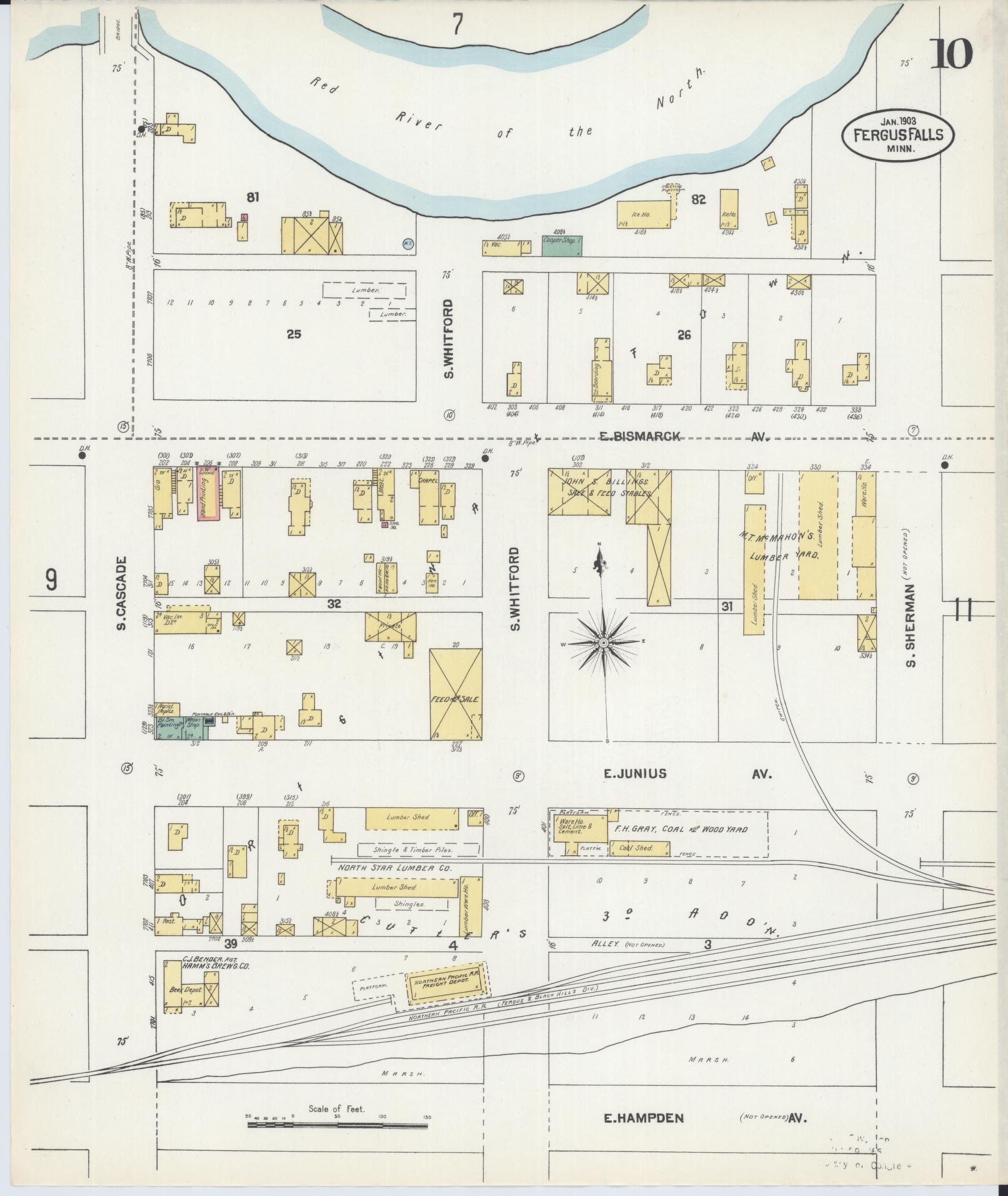 Sanborn Fire Insurance Map from Fergus Falls, Otter Tail County, Minnesota (1903), Sheet #0010 - Historic Sanborn Fire Insurance Map Print, vintage old map wall art, antique decor, genealogy gift, Minnesota Minnesota map
