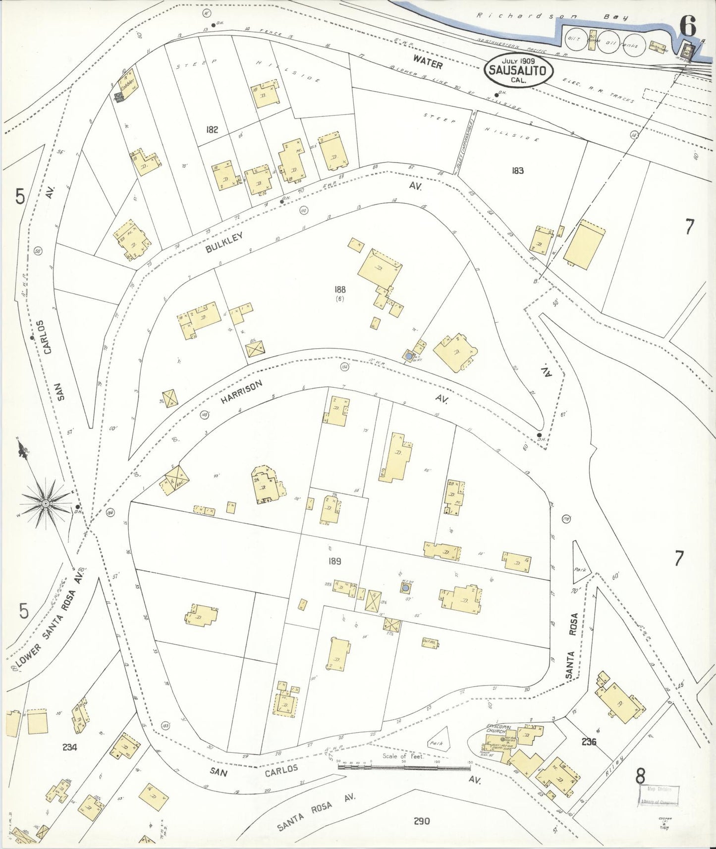 Sanborn Fire Insurance Map from Sausalito, Marin County, California (1909), Sheet #0006 - Complete Map Set gallery image, historic Sanborn map, vintage wall art, California California