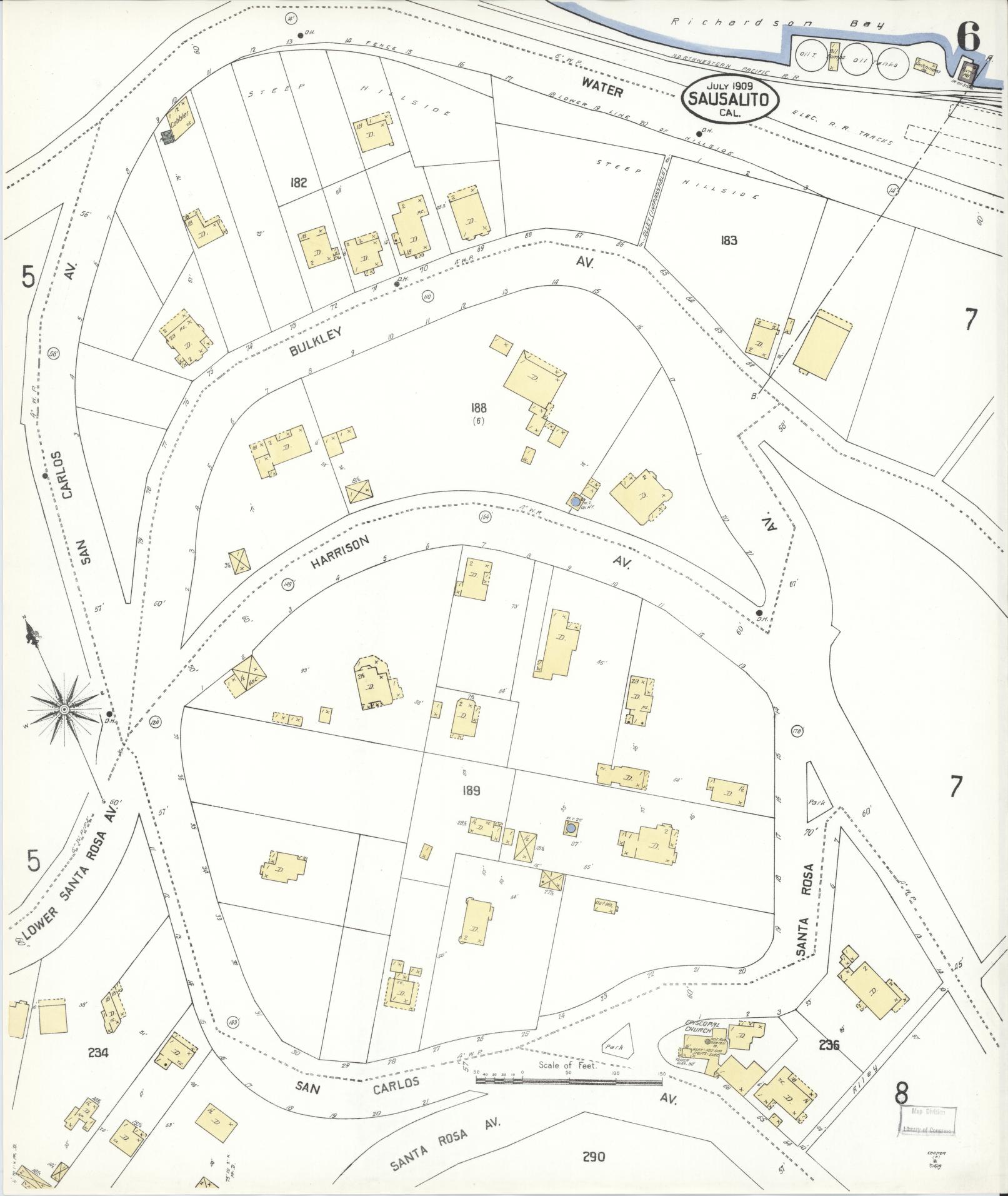 Sanborn Fire Insurance Map from Sausalito, Marin County, California (1909), Sheet #0006 - Complete Map Set gallery image, historic Sanborn map, vintage wall art, California California