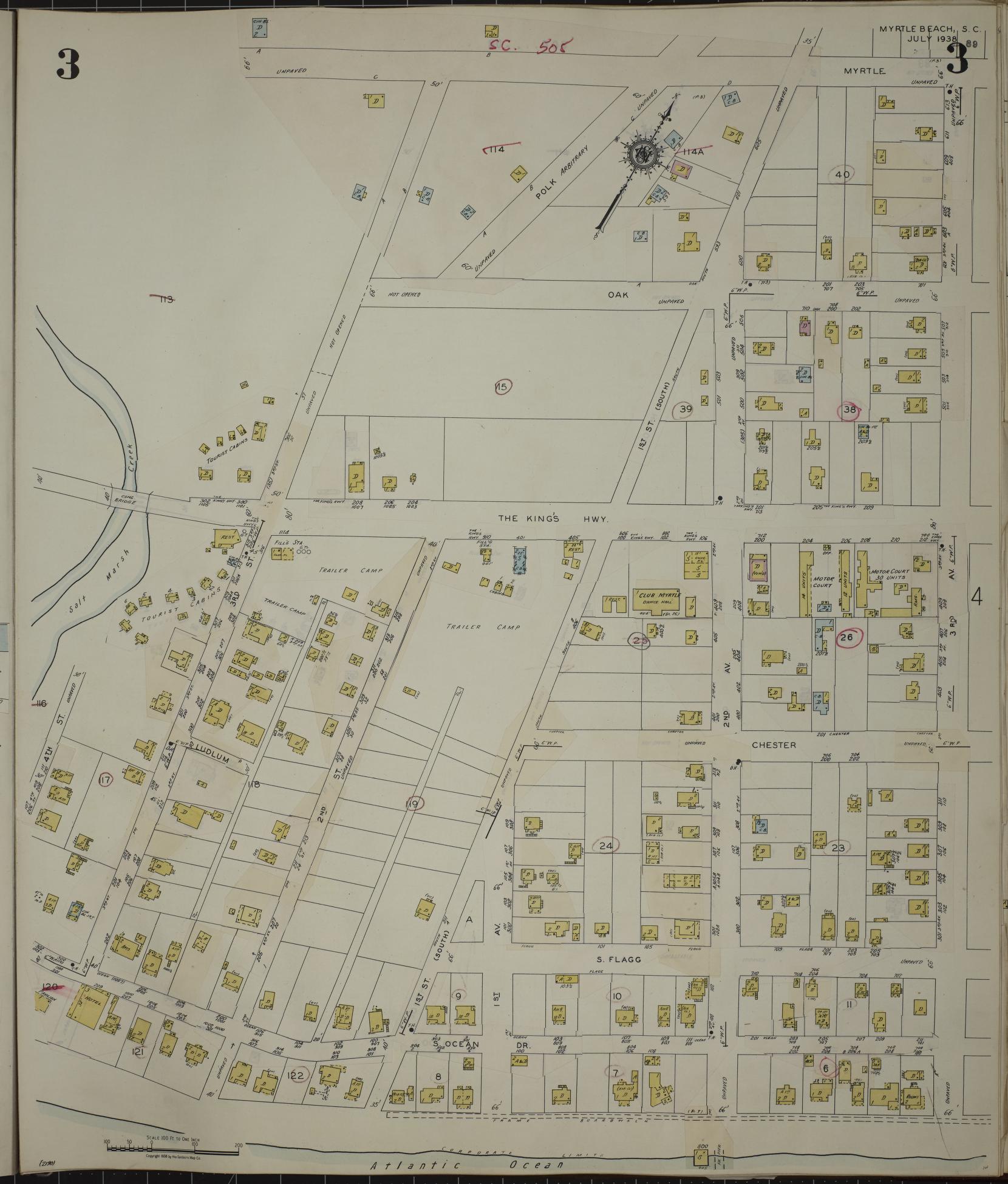 Sanborn Fire Insurance Map from Myrtle Beach, Horry County, South Carolina (1949), Sheet #0003 - Complete Map Set gallery image, historic Sanborn map, vintage wall art, South Carolina South Carolina