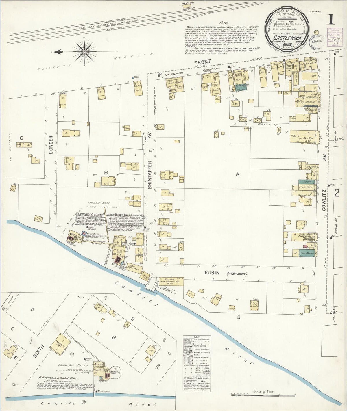 Sanborn Fire Insurance Map from Castle Rock, Cowlitz County, Washington (1901), Sheet #0001 - Historic Sanborn Fire Insurance Map Print, vintage old map wall art, antique decor, genealogy gift, Washington Washington map