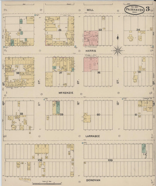 Sanborn Fire Insurance Map from Fairhaven [see also Bellingham and Sehome], Whatcom County, Washington (1890), Sheet #0003 - Historic Sanborn Fire Insurance Map Print, vintage old map wall art, antique decor, genealogy gift, Washington Washington map