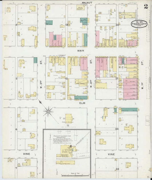 Sanborn Fire Insurance Map from Prescott, Nevada County, Arkansas (1892), Sheet #0002 - Historic Sanborn Fire Insurance Map Print, vintage old map wall art, antique decor, genealogy gift, Prescott Nevada map